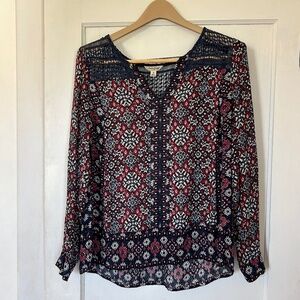 Lucky Brand Blouse Blue Maroon Long Sleeve IKAT Design Crochet Top Size Medium